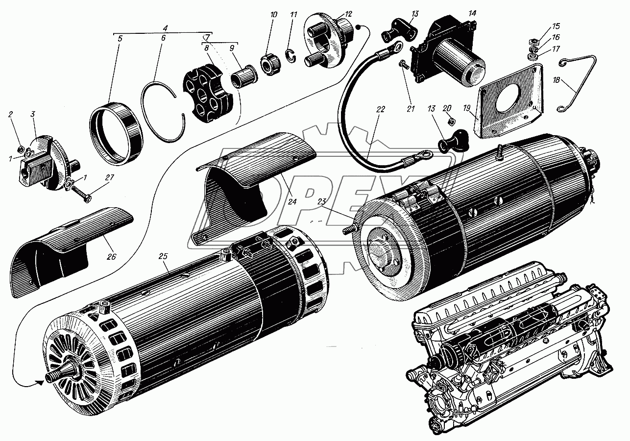 Стартер, контактор, генератор и муфта привода генератора