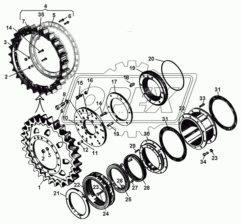 Детали бортового редуктора (ведущее колесо, лабиринтное уплотнение, проставка)
