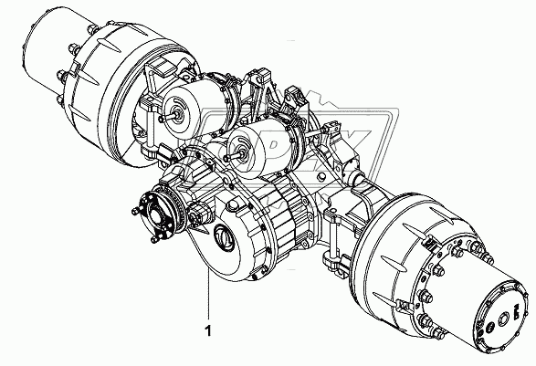 Middle axle, hub and brake assembly