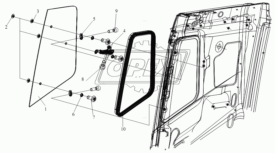 Стекло бокового окна типа открывания (правая сторона кабины со плоской крышей)