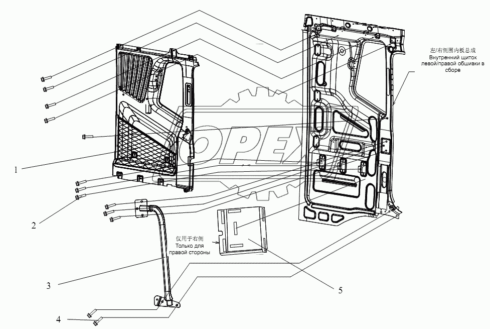 Внутренняя облицовка боковой обшивки и блок задней скобы (плоская крыша)