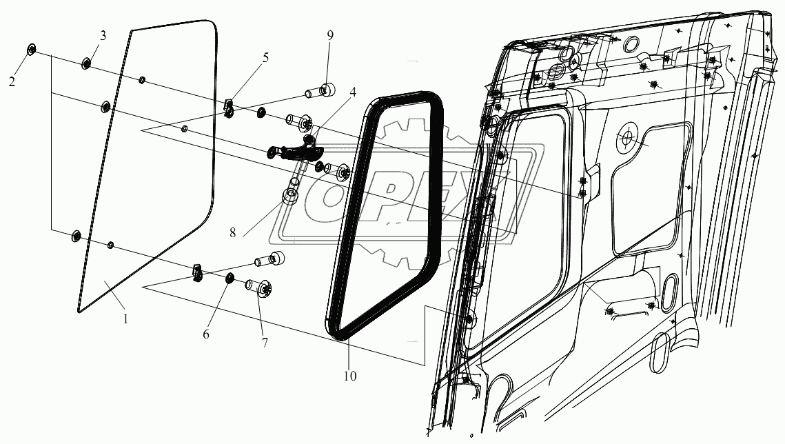 Стекло бокового окна типа открывания (правая сторона кабины со плоской крышей)