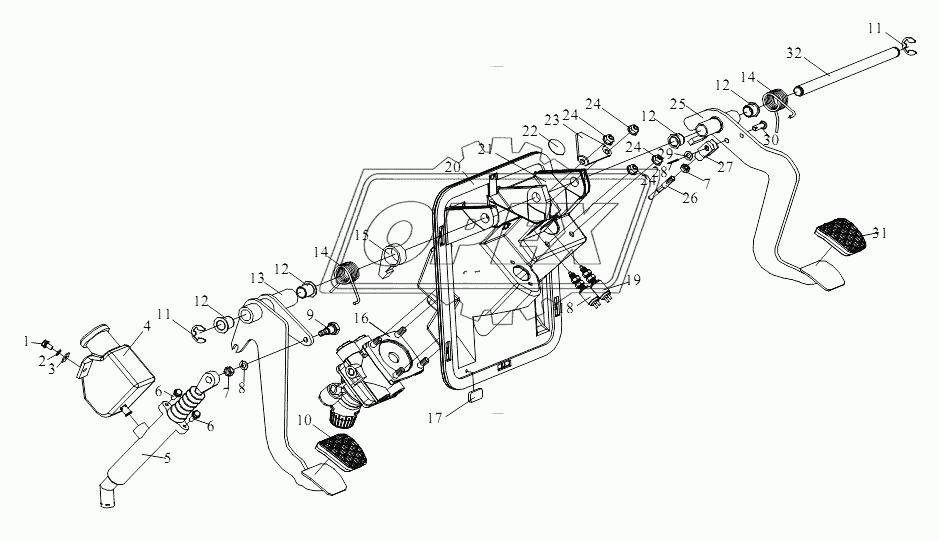 Педаль тормоза с тормозным клапаном и педаль сцепления с главным цилиндром сцепления