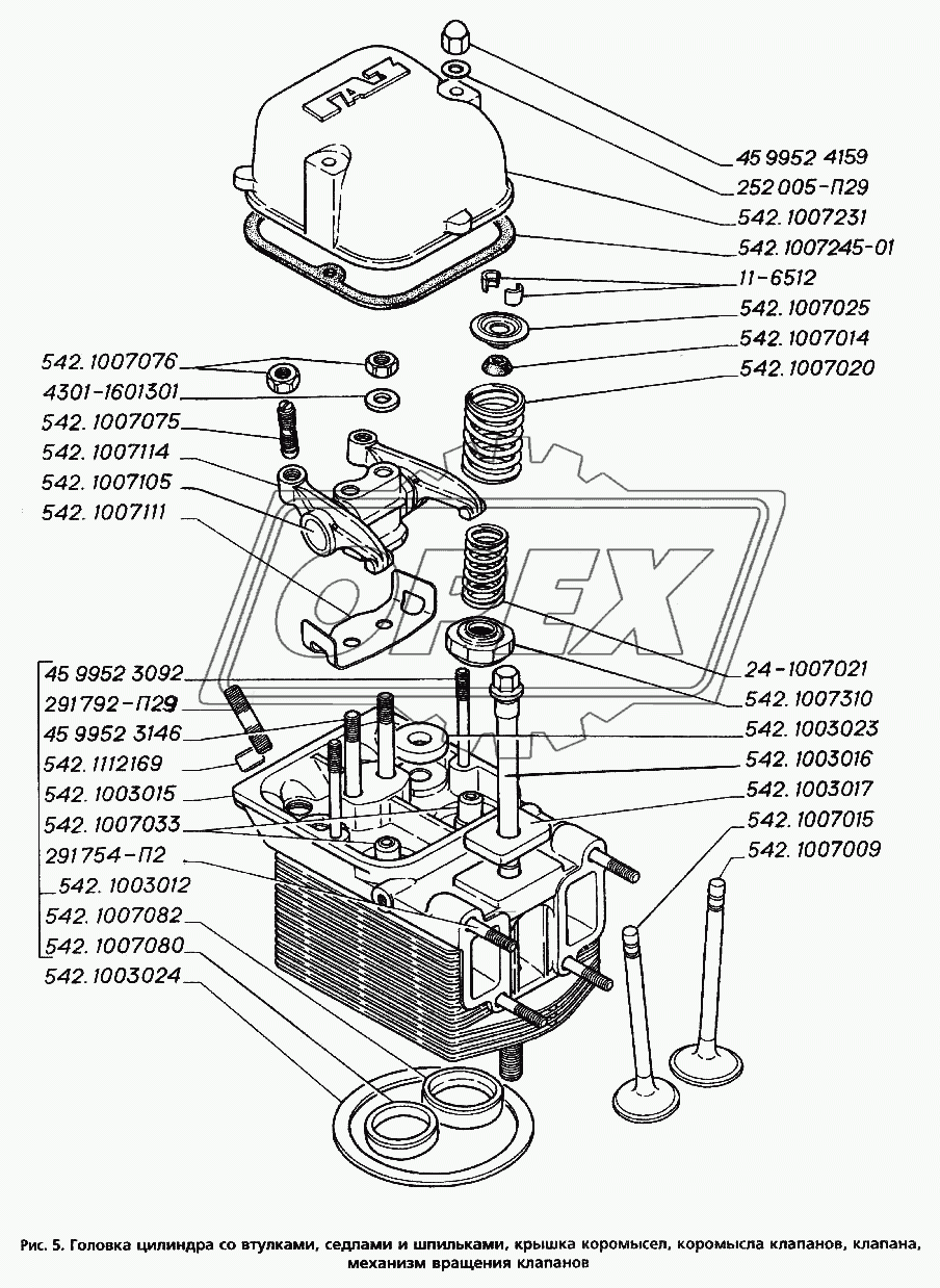 Головка цилиндра с втулками, седлами и шпильками, крышка коромысел, коромысла клапанов, клапана, механизм вращения клапанов