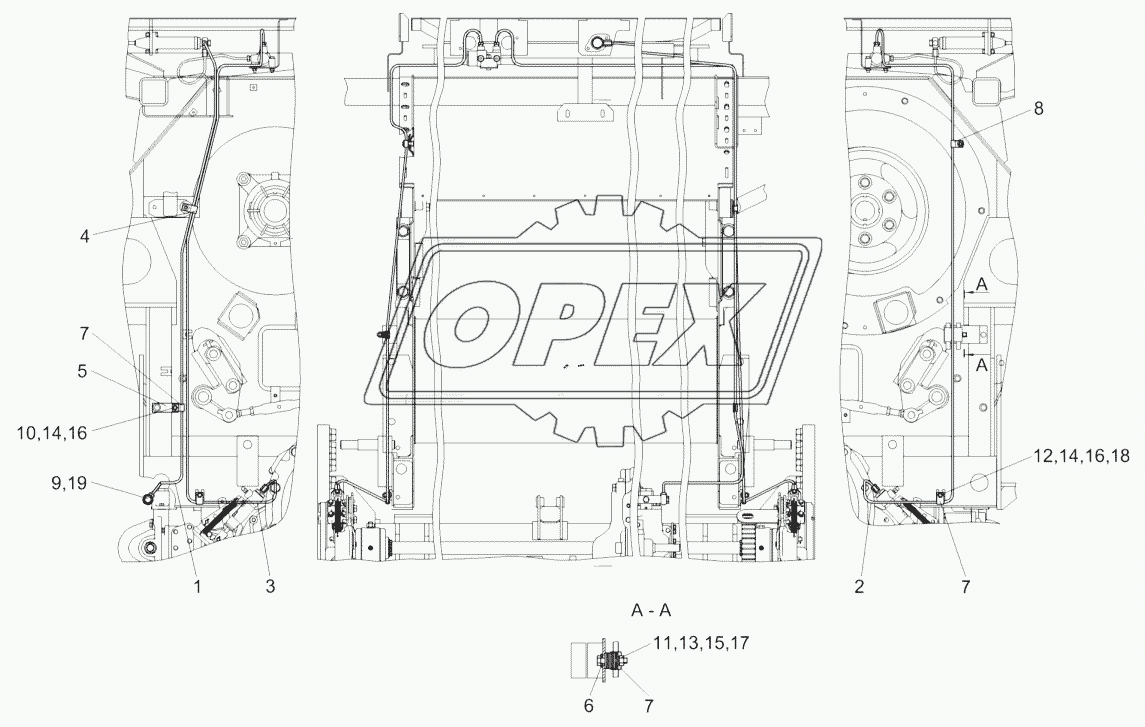 Установка трубопроводов моста ведущих колёс КЗК-8-0119250