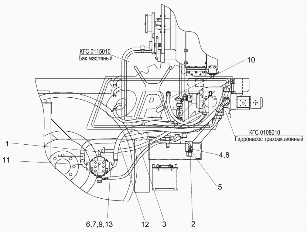 Гидросистема привода ходовой части КГС 0108000А (вид слева)