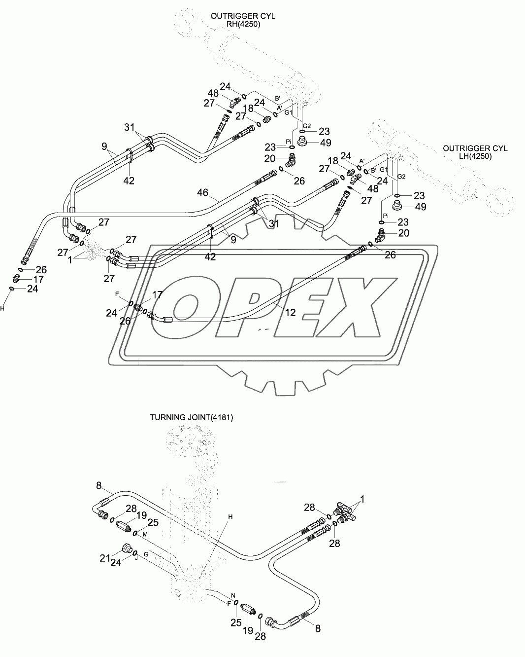 LOWER HYD PIPING (2-OUTRIGGER, #0090-)