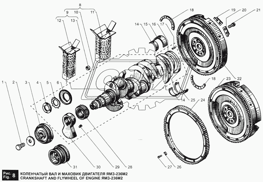 Коленчатый вал и маховик двигателя ЯМЗ-236М2