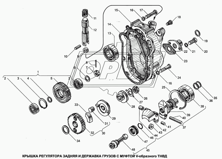 Крышка регулятора задняя и державка грузов с муфтой V-образного ТНВД