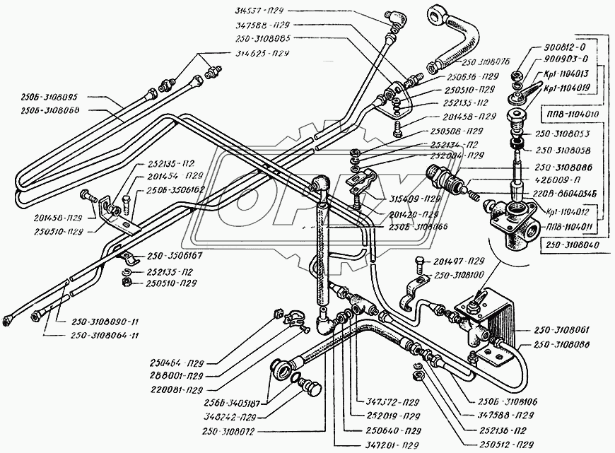 Трубопроводы гидроподъемника запасного колеса
