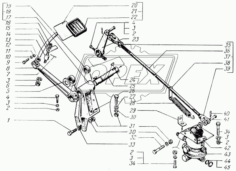 Педаль тормозная и привод управления двухсекционным тормозным краном