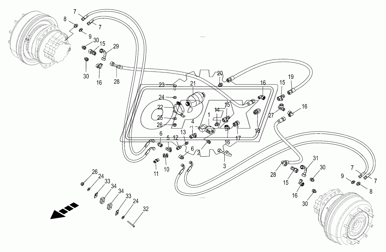 Hydr.ground drive/pressure oil line-front