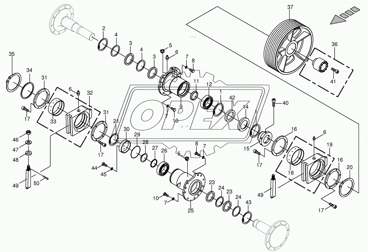 Chopping drum bearing/counter bearing