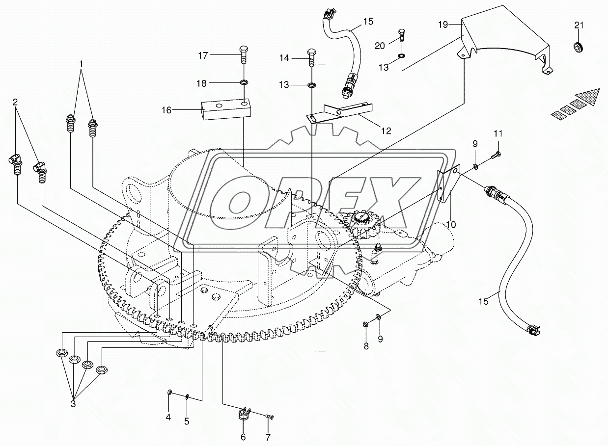 Mounting parts discharge chute rotation