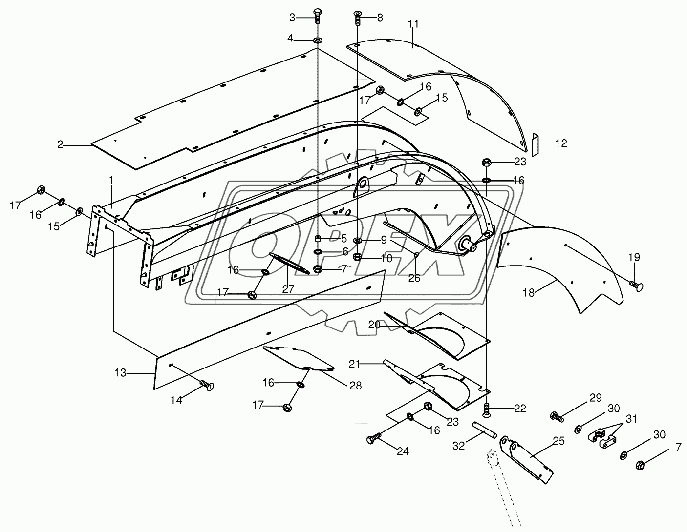 Upper discharge chute "short" with wear plates