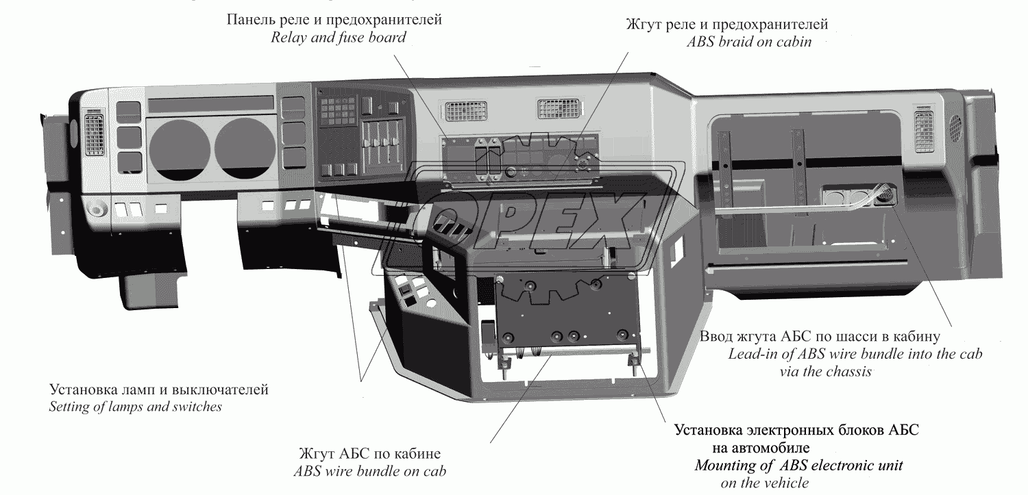 Расположение элементов систем АБС в кабине автомобиля 437137-370001