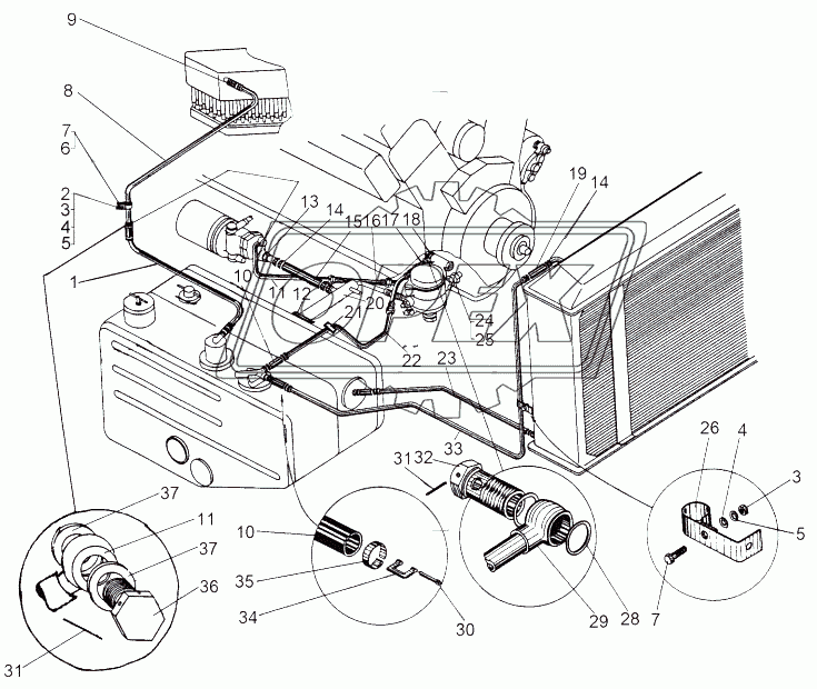 Монтажная схема масляной системы двигателя 543, 543А