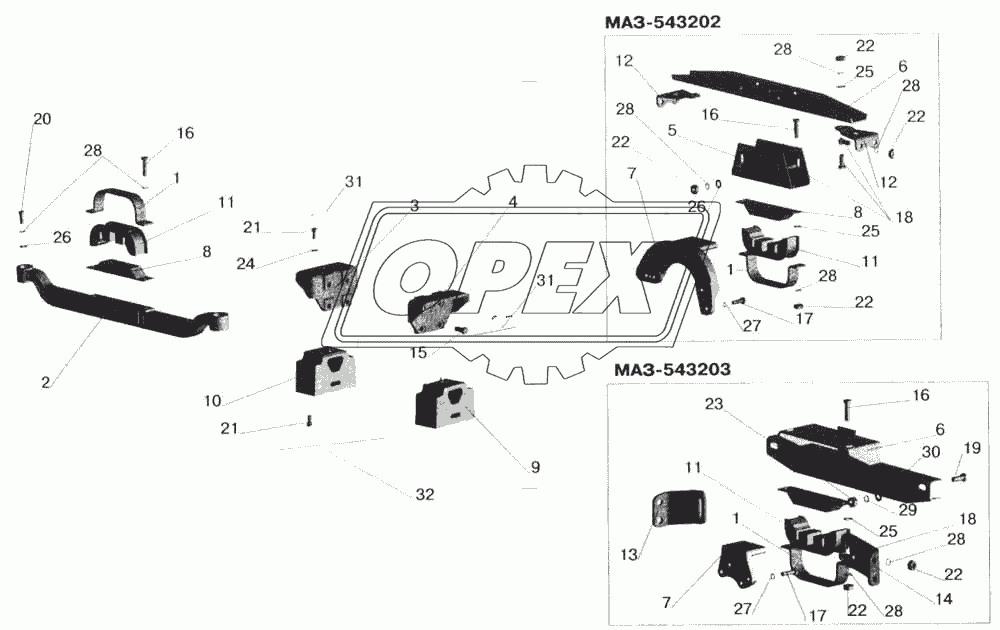 Крепление двигателя на автомобилях : МАЗ-543202, МАЗ-543203