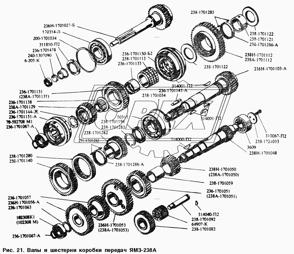 Валы и шестерни коробки передач ЯМЗ-238А