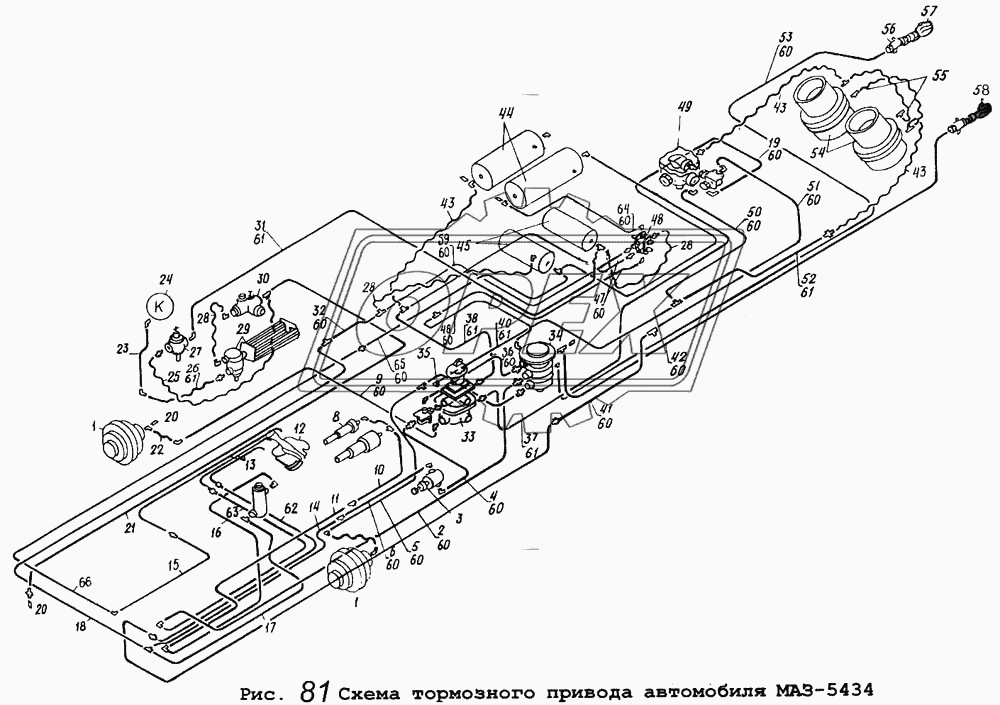 Схема тормозного привода автомобиля МАЗ-5434
