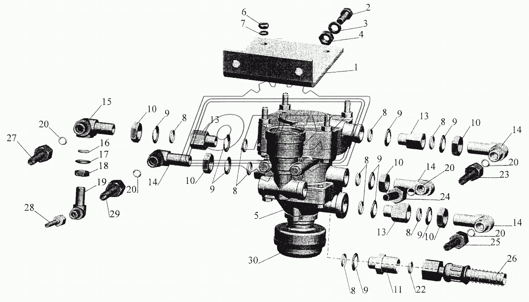 Установка клапана управления тормозами прицепа и присоединительной арматуры