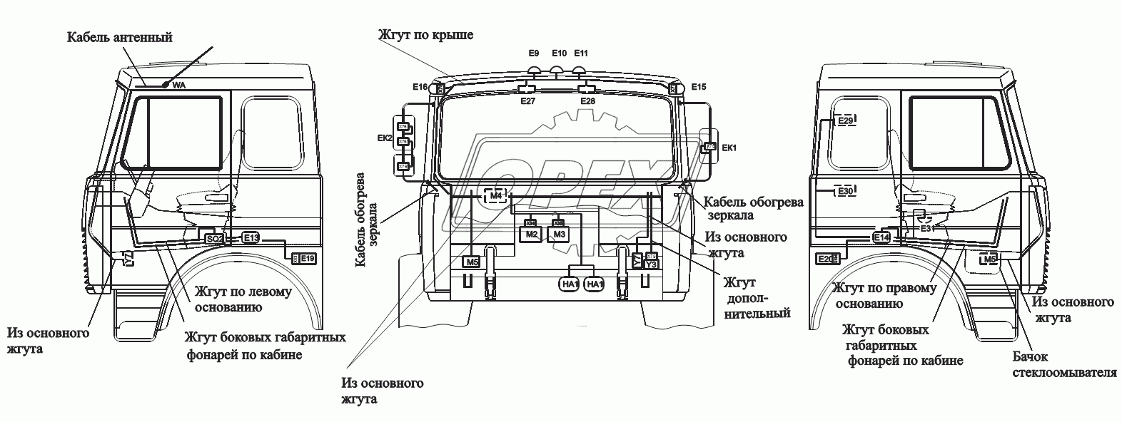 Расположение разъемов и элементов электрооборудования на большой кабине автомобилей-самосвалов с трехсторонней (боковой) разгрузкой