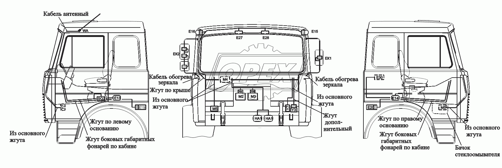 Расположение разъемов и элементов электрооборудования на большой кабине автомобилей-самосвалов с задней разгрузкой и самосвальных шасси