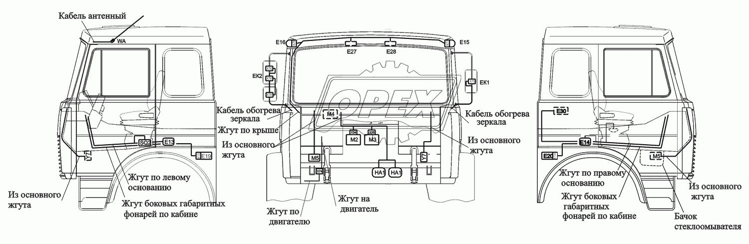 Расположение разъемов и элементов электрооборудовния на большой кабине автомобилей-самосвалов с задней разгрузкой и самосвальных шасси