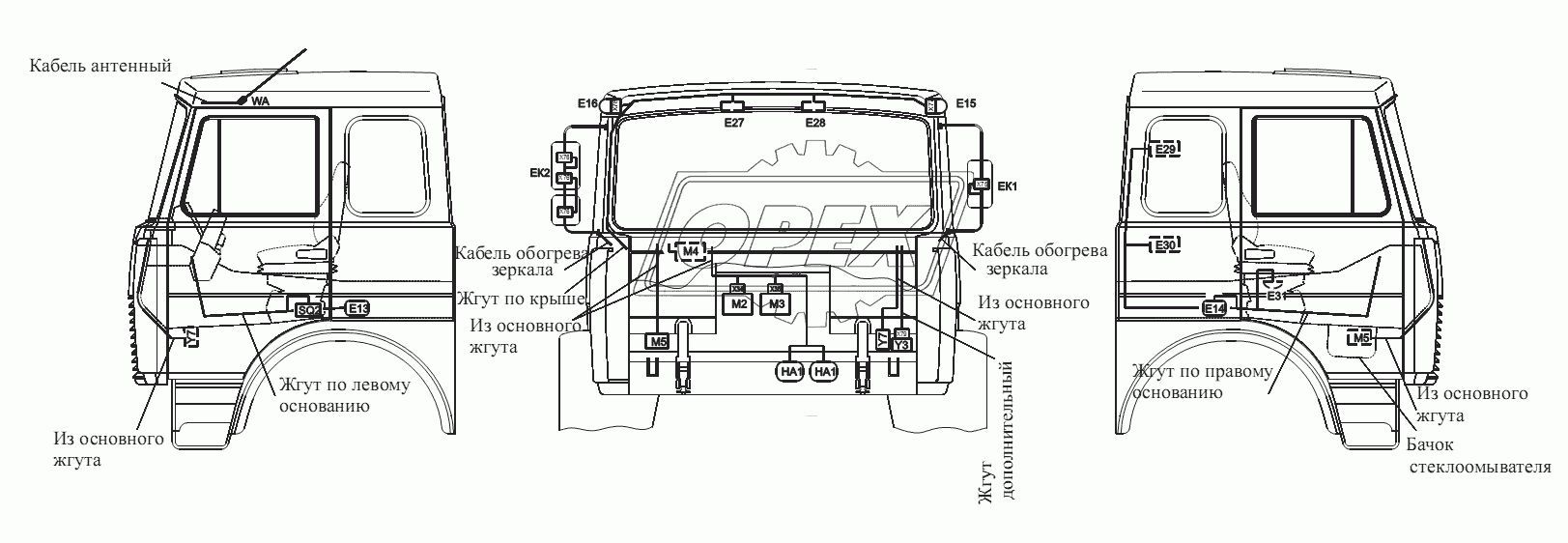 Расположение разъемов и элементов электрооборудования на большой кабине автомобилей-самосвалов с задней разгрузкой и самосвальных шасси