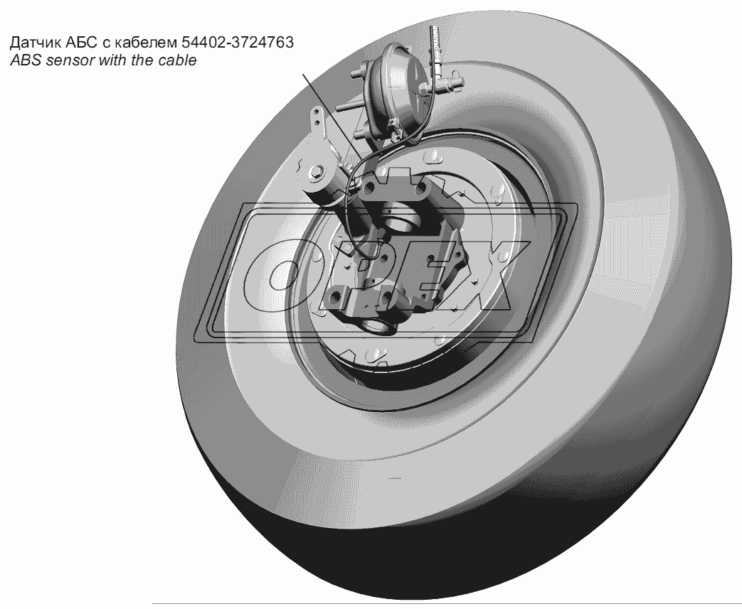 Установка датчика АБС с кабелем на переднем колесе