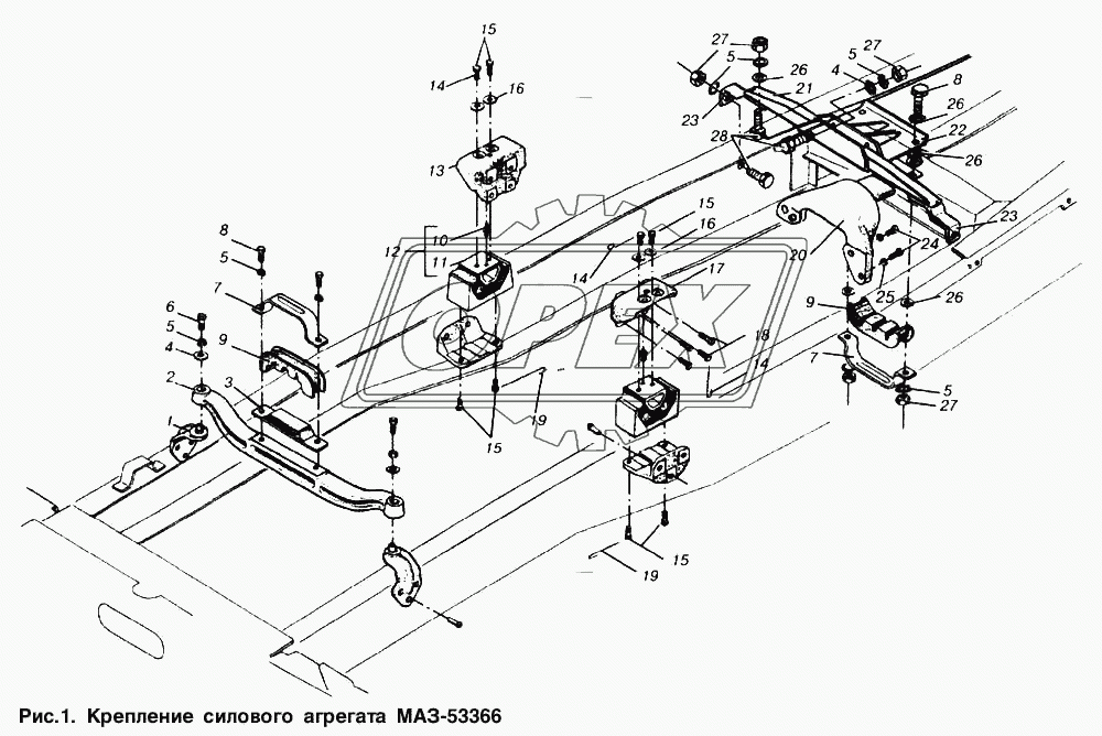 Крепление силового агрегата МАЗ-53366