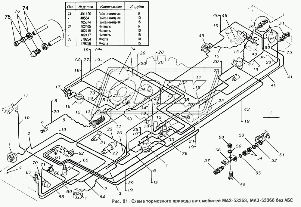 Схема тормозного привода автомобилей МАЗ-53363, МАЗ-53366 без АБС