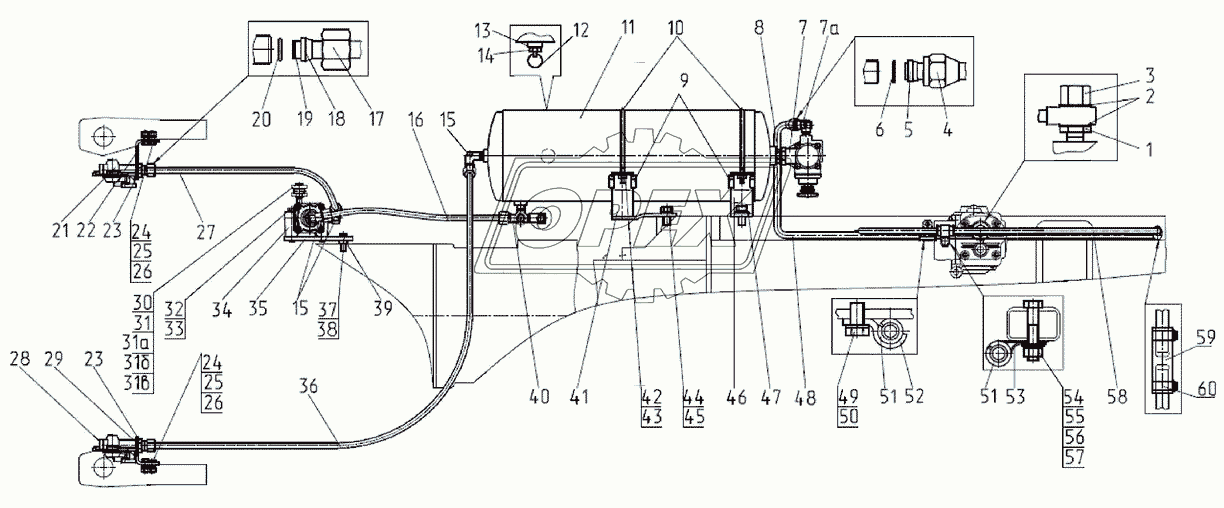 Трубопроводы и арматура двухпроводного пневмопривода тормозов прицепа