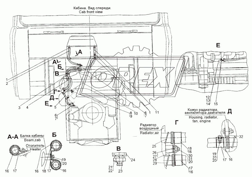 Установка трубопроводов отопителя кабины