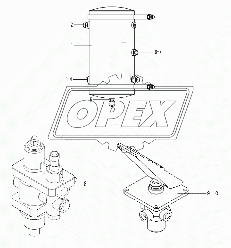 AIR RESERVOIR, BRAKE CONTROL VALVE, AIR DRYER