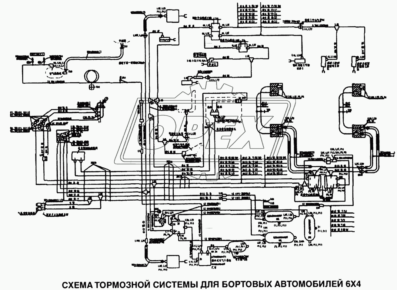 Схема тормозной системы для бортовых автомобилей 6x4