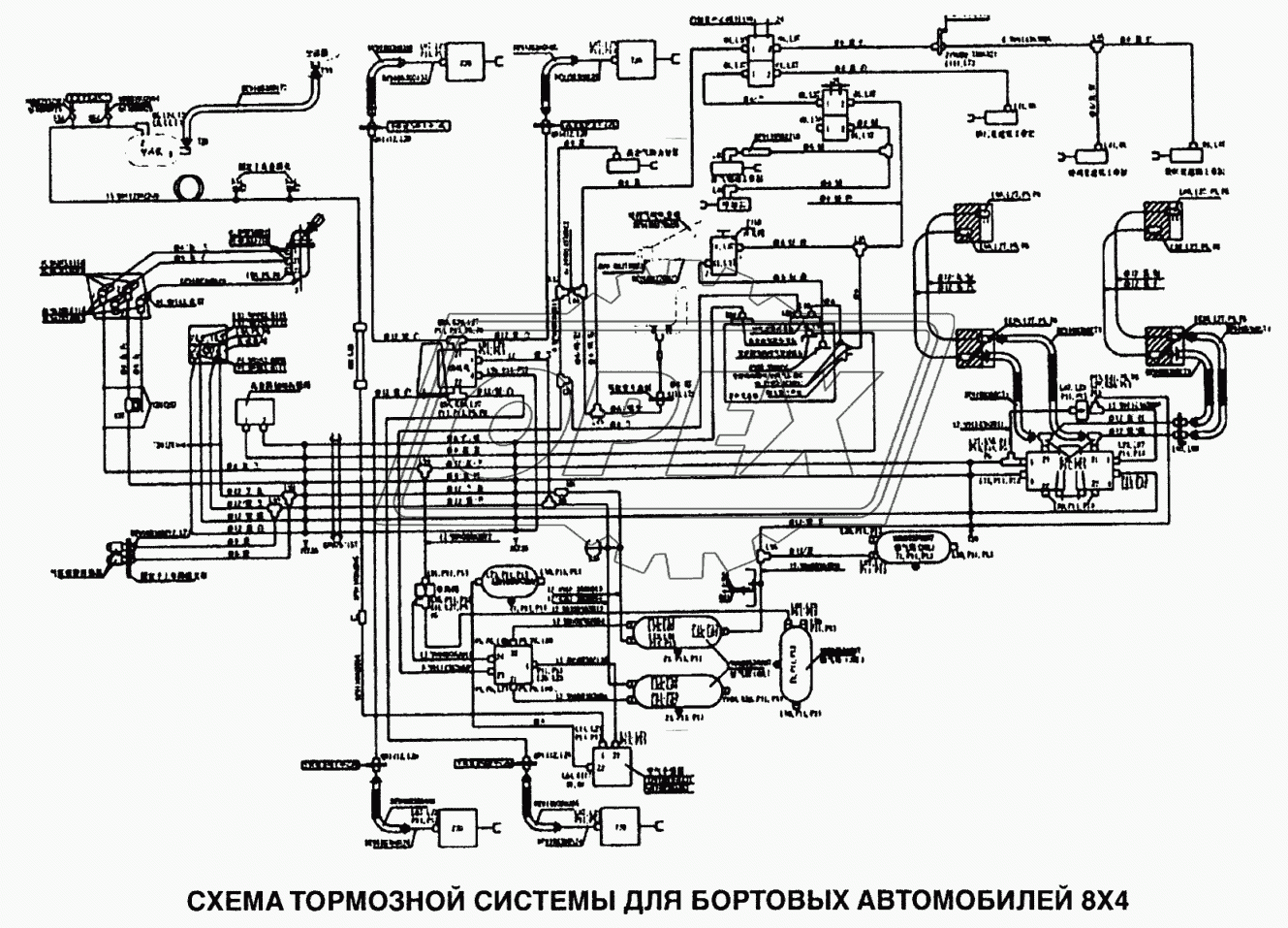 Схема тормозной системы для бортовых автомобилей 8x4