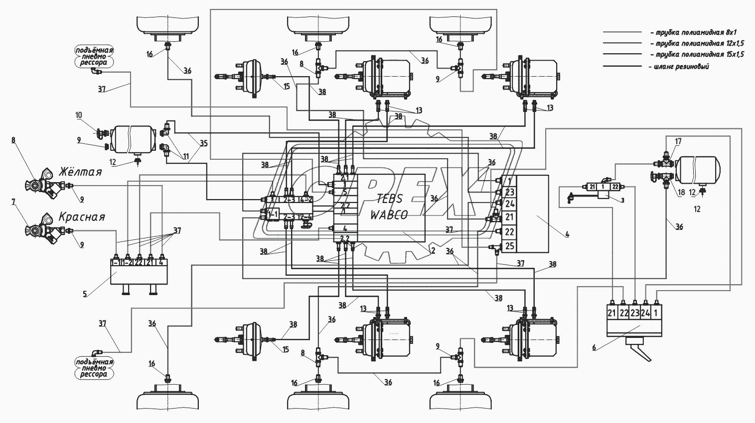 Схема пневматическая с компонентами WABCO