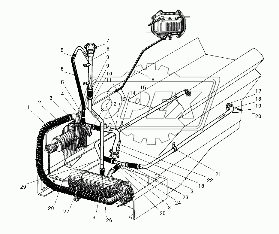 Трубы и шланги системы предпускового подогрева (двигатель с насосом повышенной производительности)