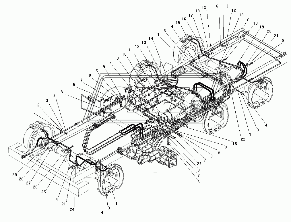 Крепление трубопроводов и шлангов гидропневматического привода рабочих тормозов