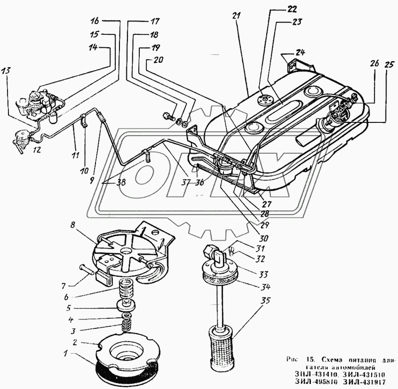 Схема питания двигателя автомобилей ЗИЛ-431410, ЗИЛ-431510, ЗИЛ-495810, ЗИЛ-431917