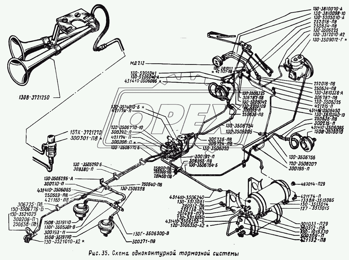Схема одноконтурной тормозной системы