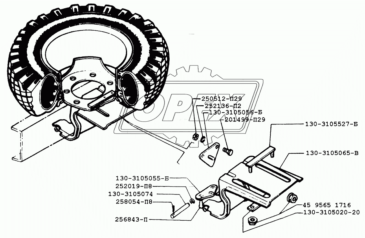 Установка запасного колеса автомобиля ЗИЛ-433360 до января 2002г