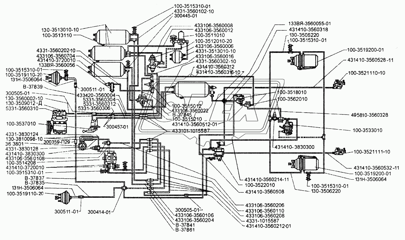 Пневматическая схема привода тормозных систем с установкой влагомаслоотделителя