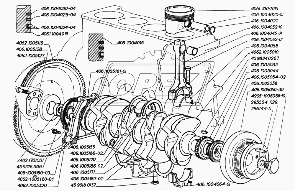 Вал коленчатый, поршни и шатуны двигателя ЗМЗ-406